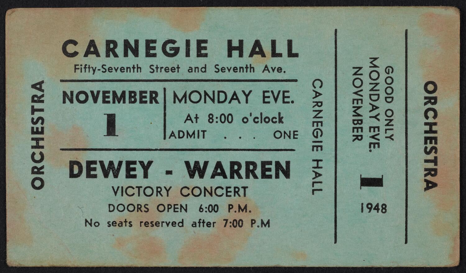 Ticket for Dewey-Warren Victory Concert and Rally, November 1, 1948 (front)
