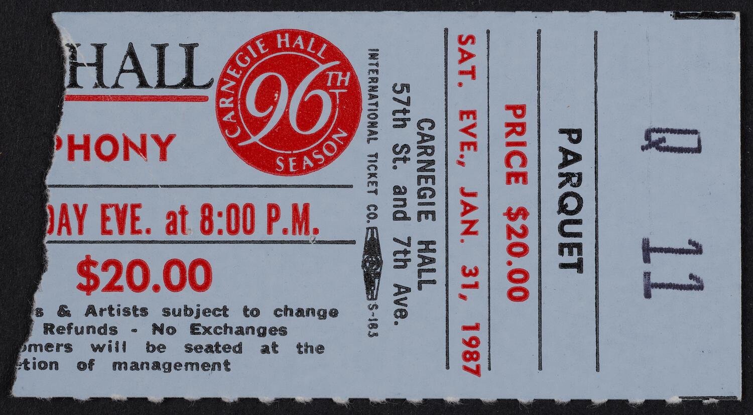 Ticket for Detroit Symphony Orchestra, January 31, 1987 (front)