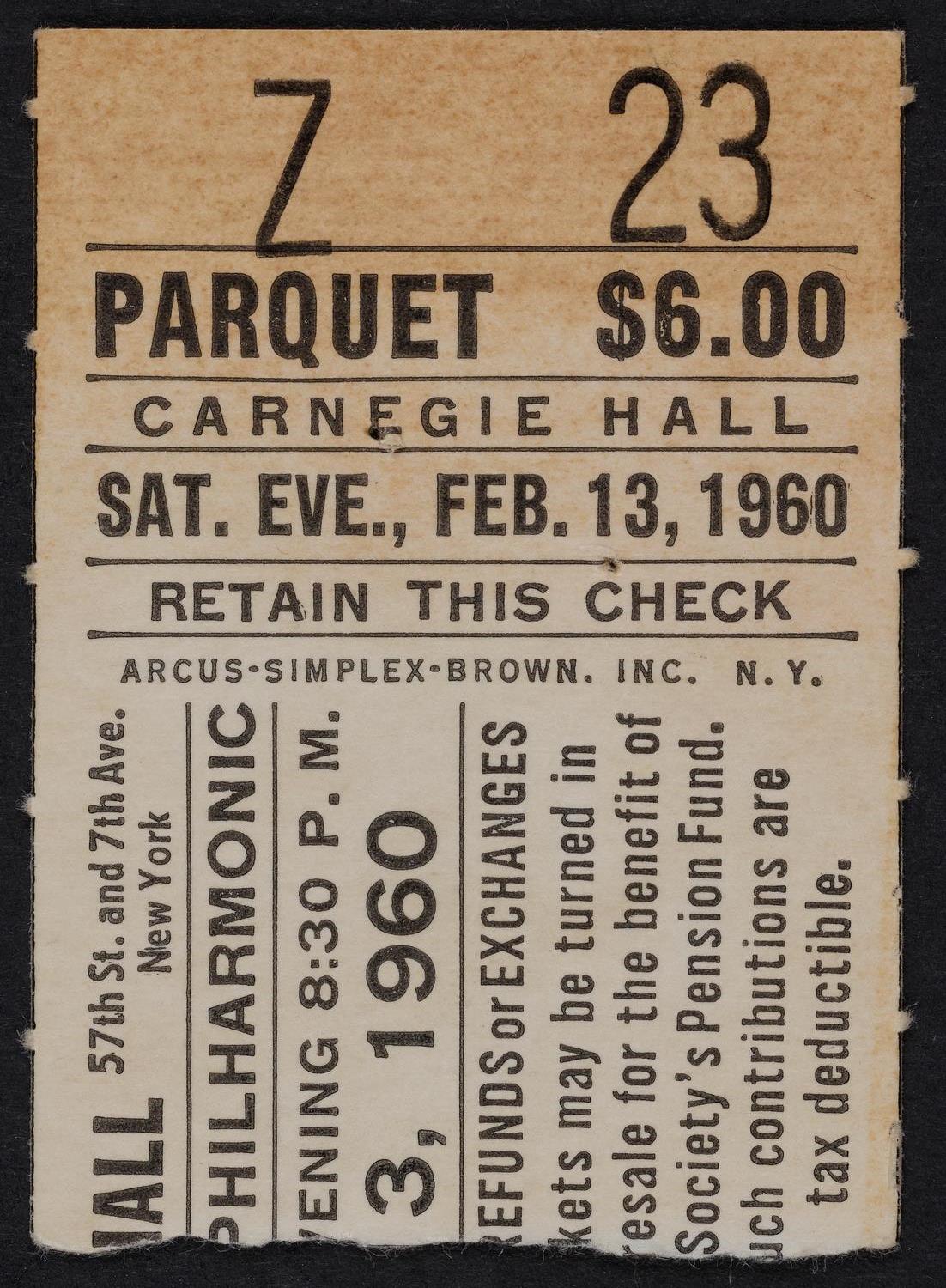 Ticket for New York Philharmonic, February 13, 1960 (front)
