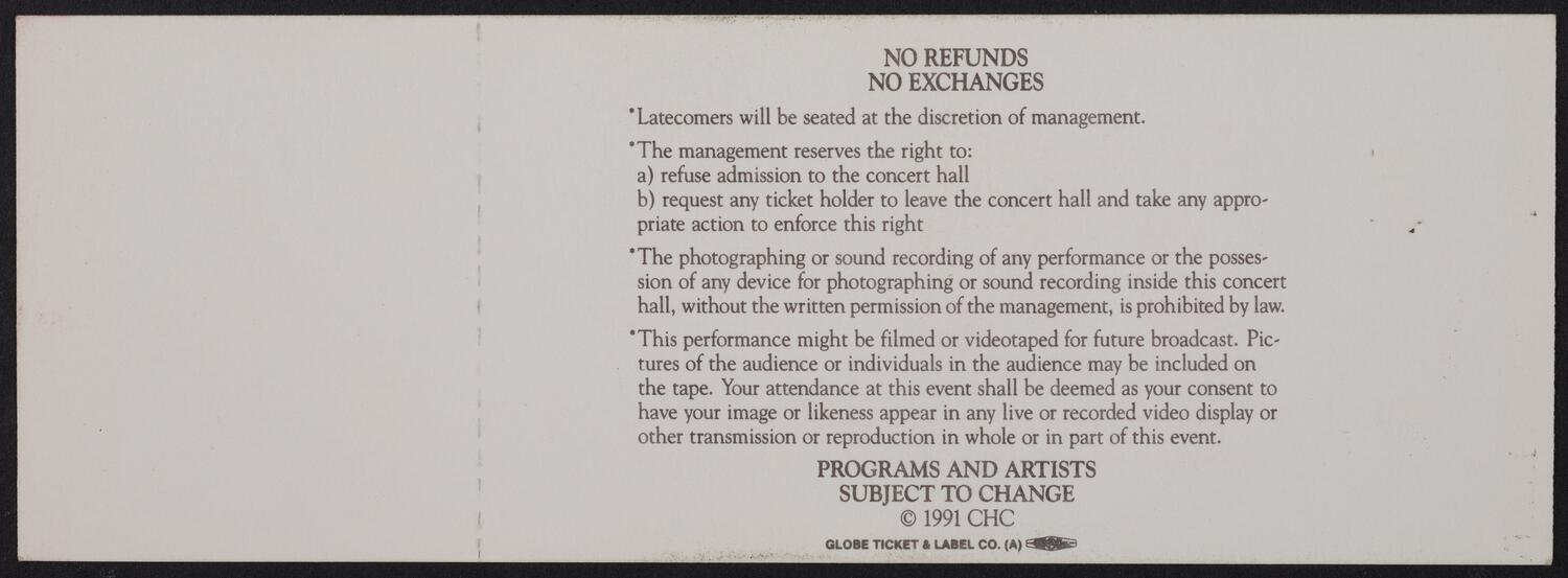 Ticket for the Carnegie Hall Centennial Gala, May 5, 1991 (back)