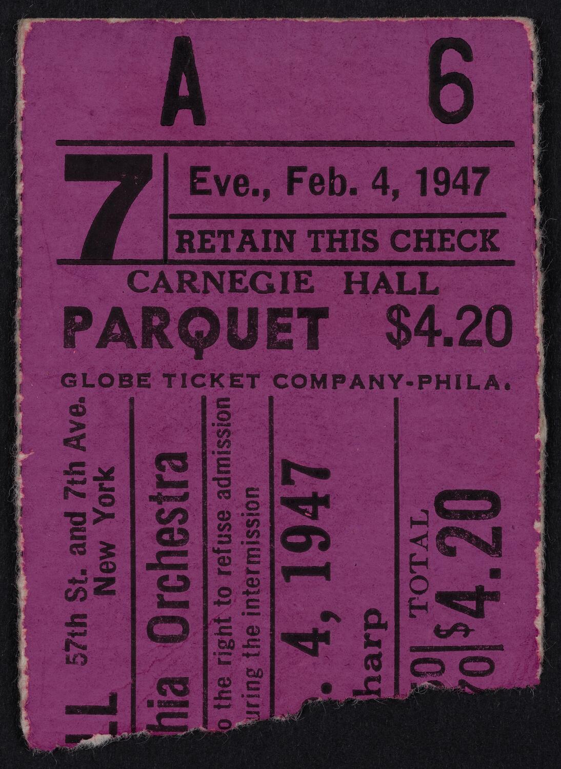 Ticket for Philadelphia Orchestra, February 4, 1947 (front)