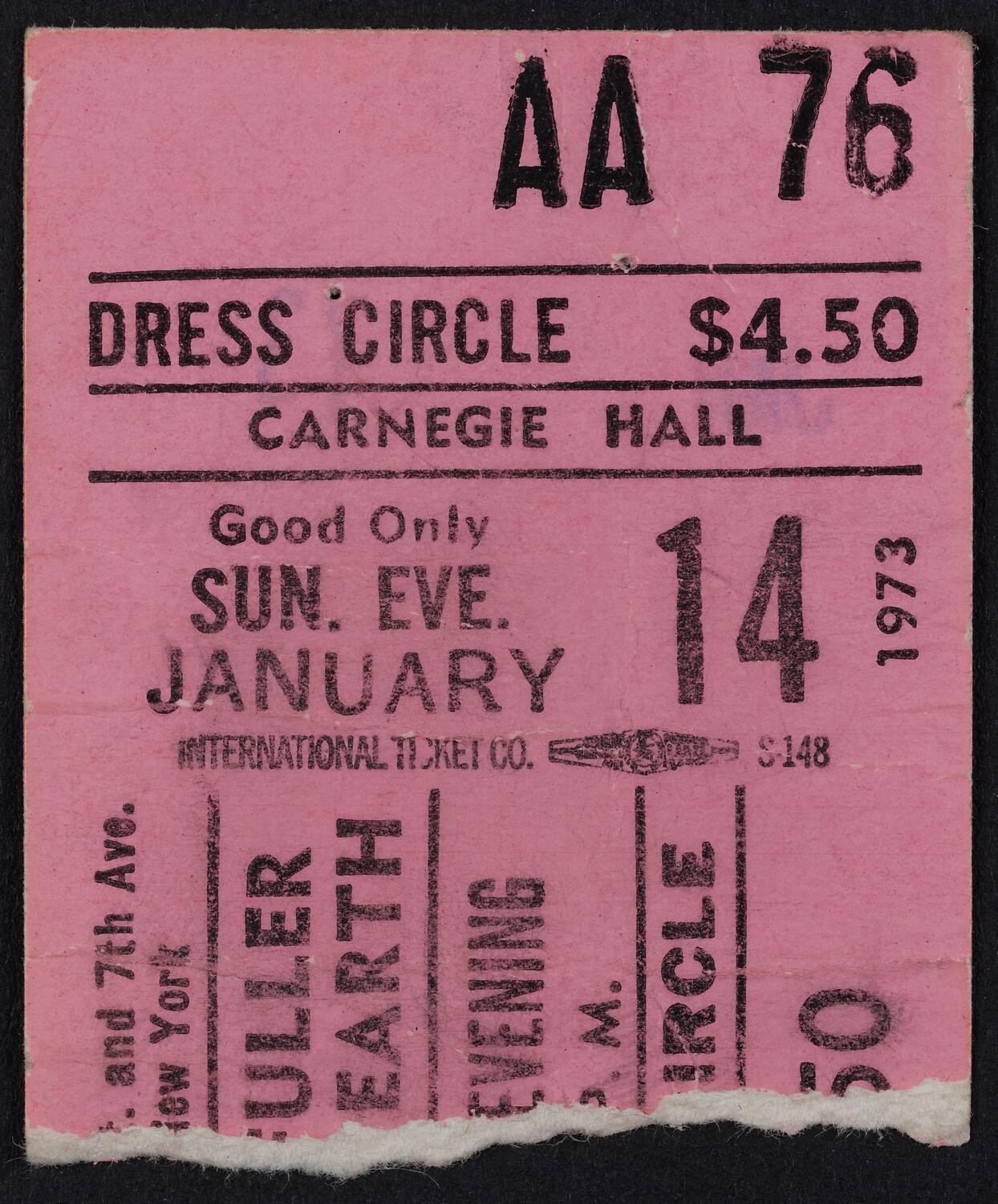 Ticket for Buckminster Fuller, January 14, 1973 (front)