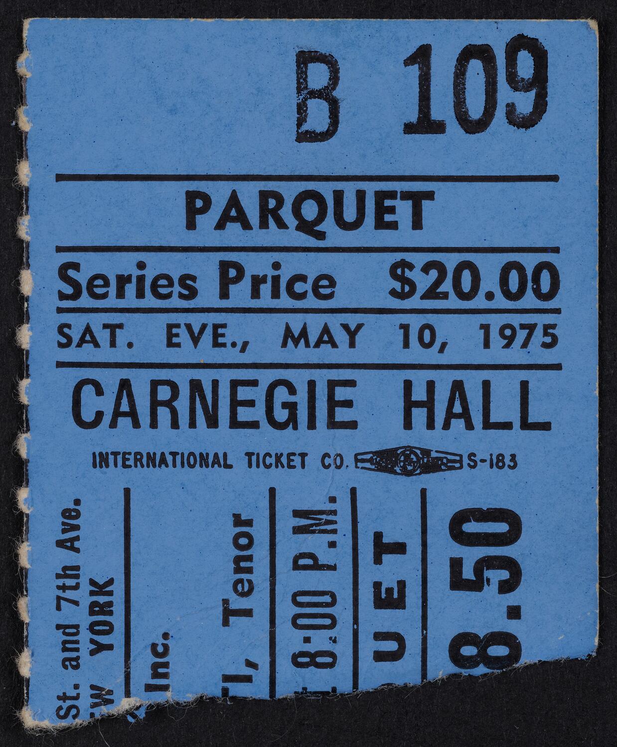 Ticket for Luciano Pavarotti, May 10, 1975 (front)