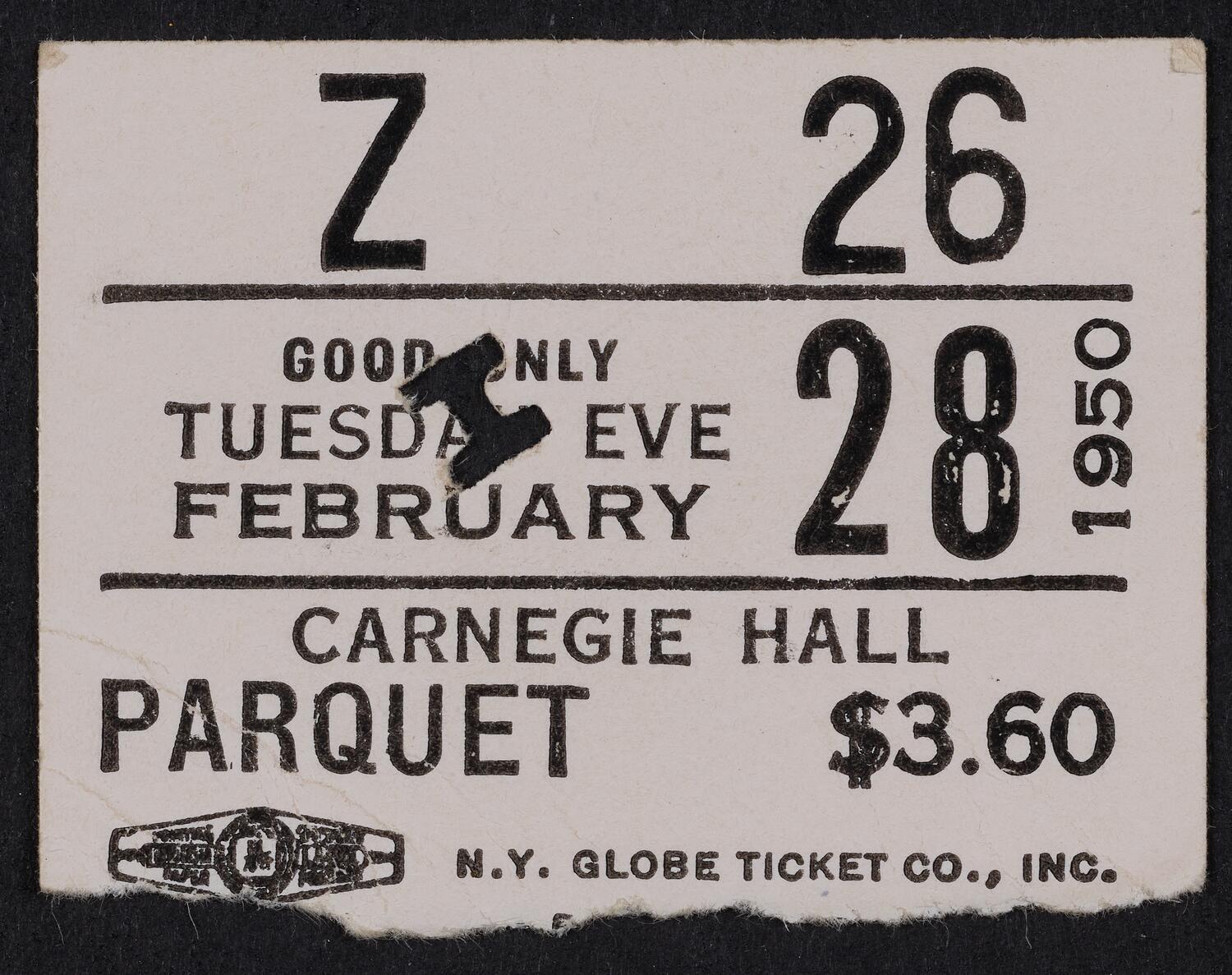 Ticket for Robert Casadesus, February 28, 1950 (front)