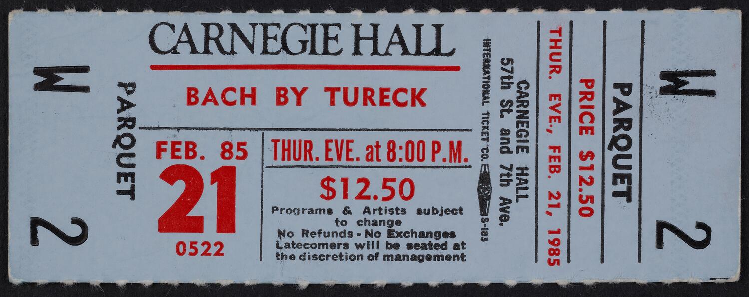 Ticket for Bach by Rosalyn Tureck, February 21, 1985 (front)