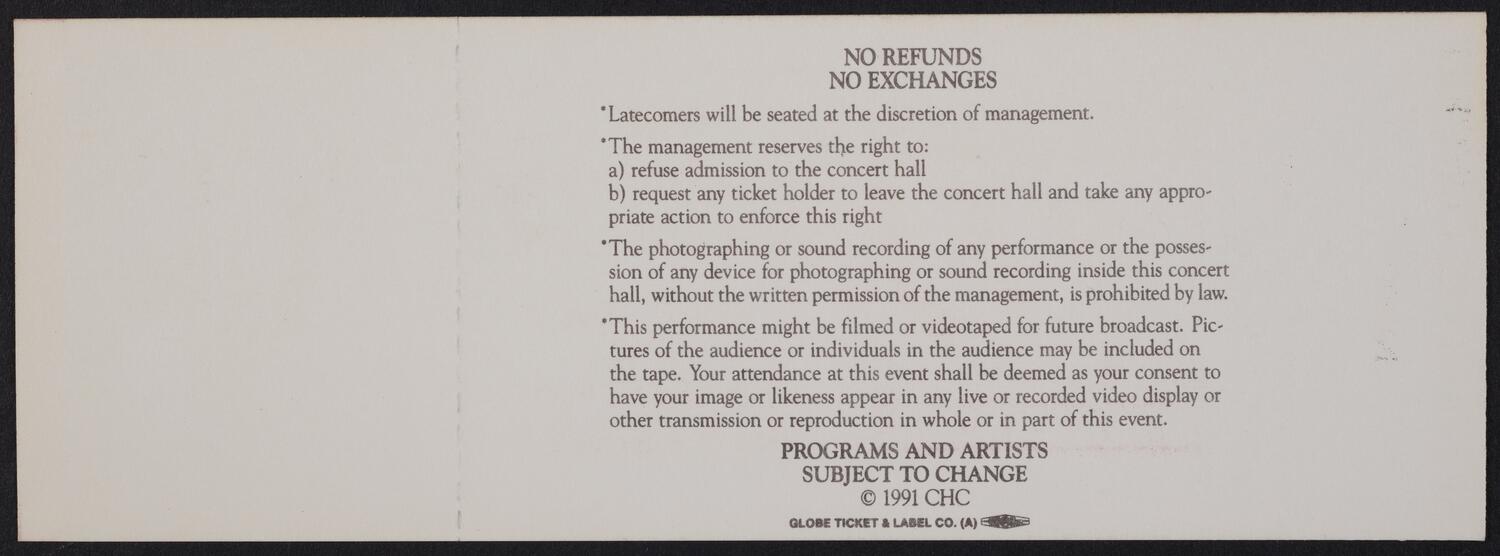 Ticket for the Carnegie Hall Centennial Gala, May 5, 1991 (back)
