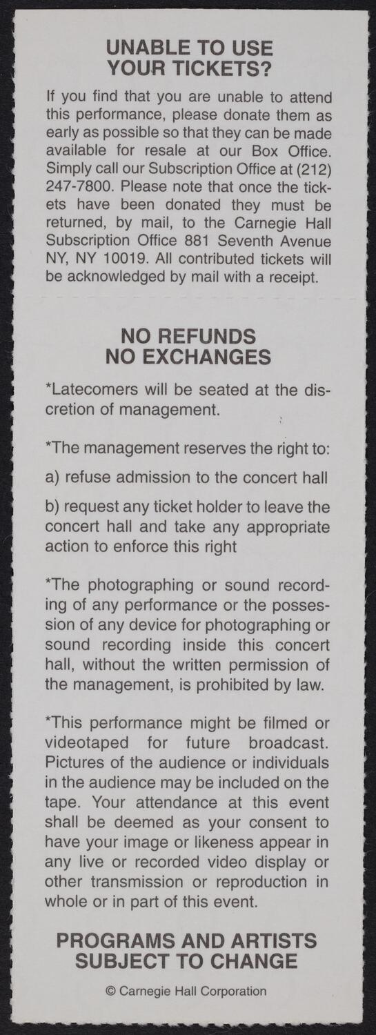 Ticket for Elizabeth Futral, December 8, 1995 (back)
