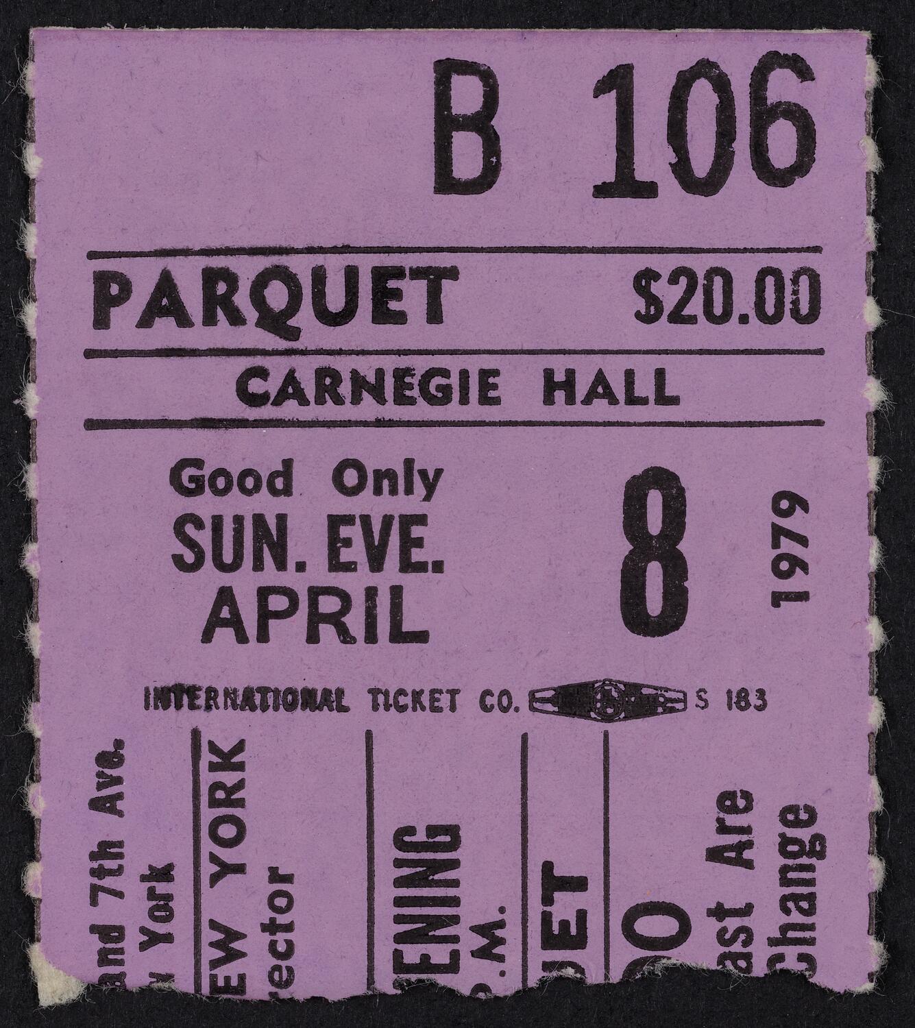 Ticket for Opera Orchestra of New York, April 8, 1979 (front)