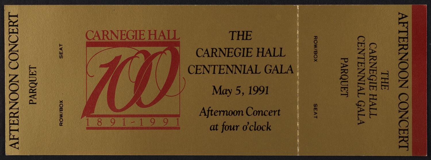 Ticket for the Carnegie Hall Centennial Gala, May 5, 1991 (front)