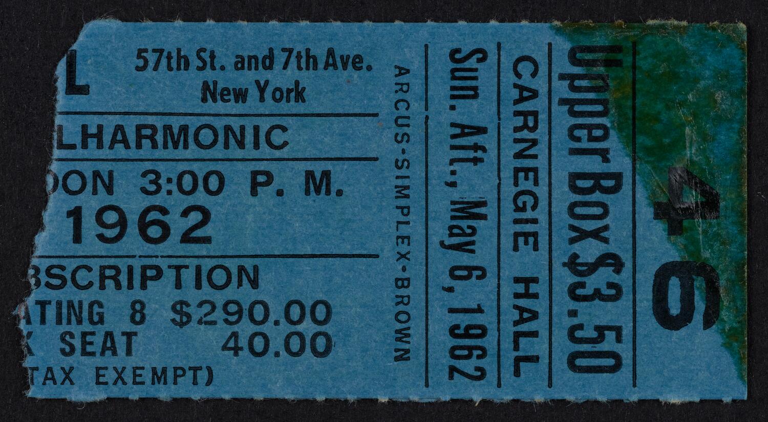 Ticket for New York Philharmonic, May 6, 1962 (front)