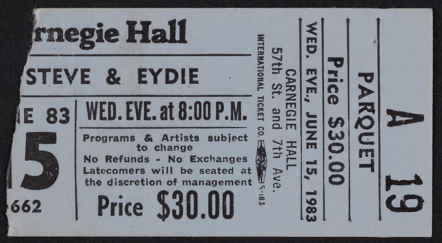 Ticket for Steve & Eydie, June 15, 1983 (front)