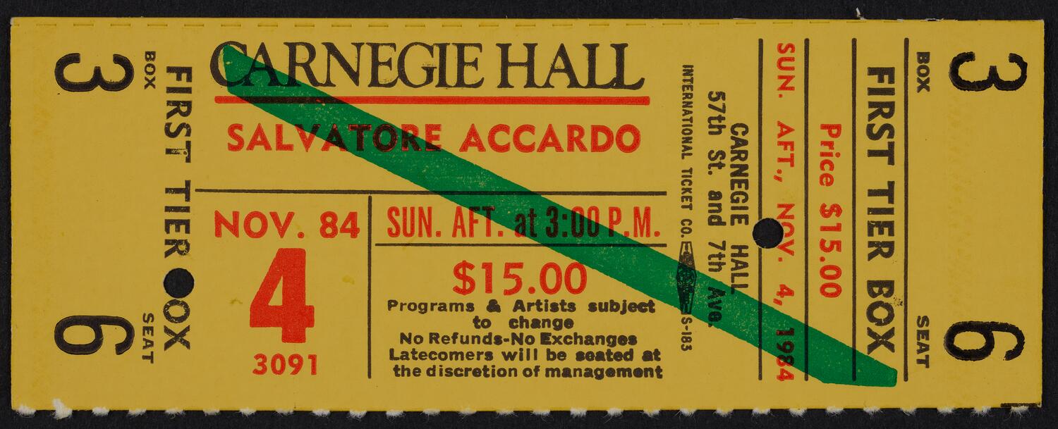 Ticket for Salvatore Accardo, November 4, 1984 (front)