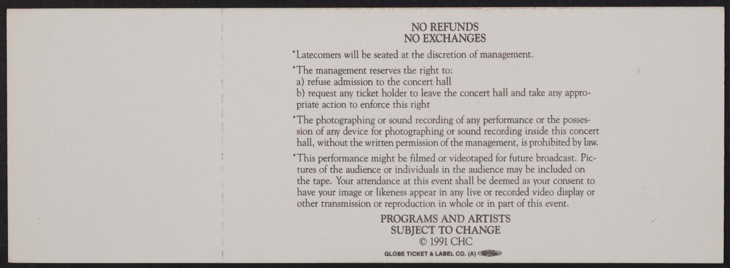 Ticket for the Carnegie Hall Centennial Gala, May 5, 1991 (back)