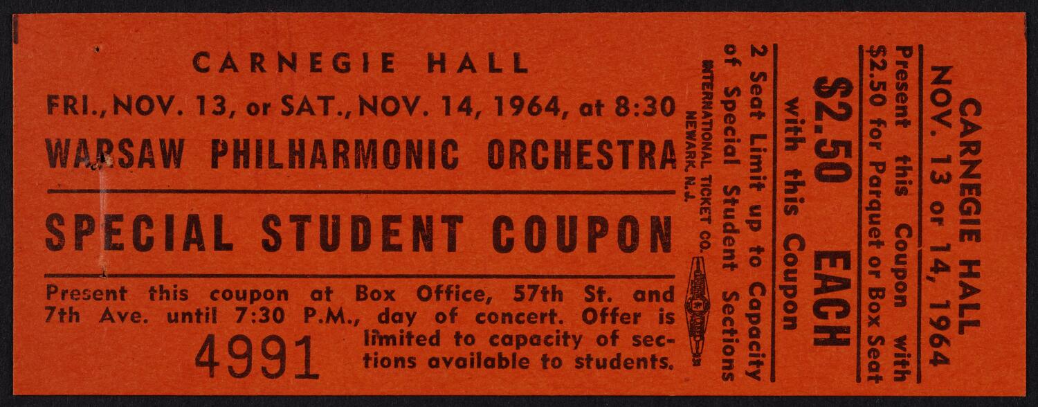 Ticket for Warsaw Philharmonic Orchestra, November 14, 1964 (front)