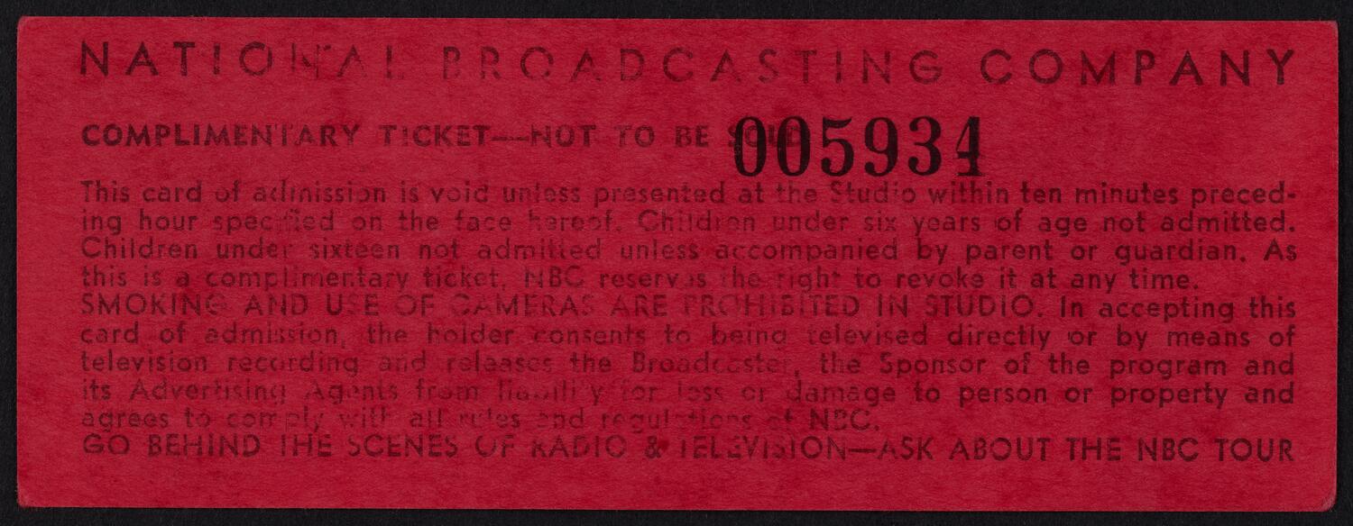 Ticket for Bell Telephone Hour, October 4, 1954 (back)