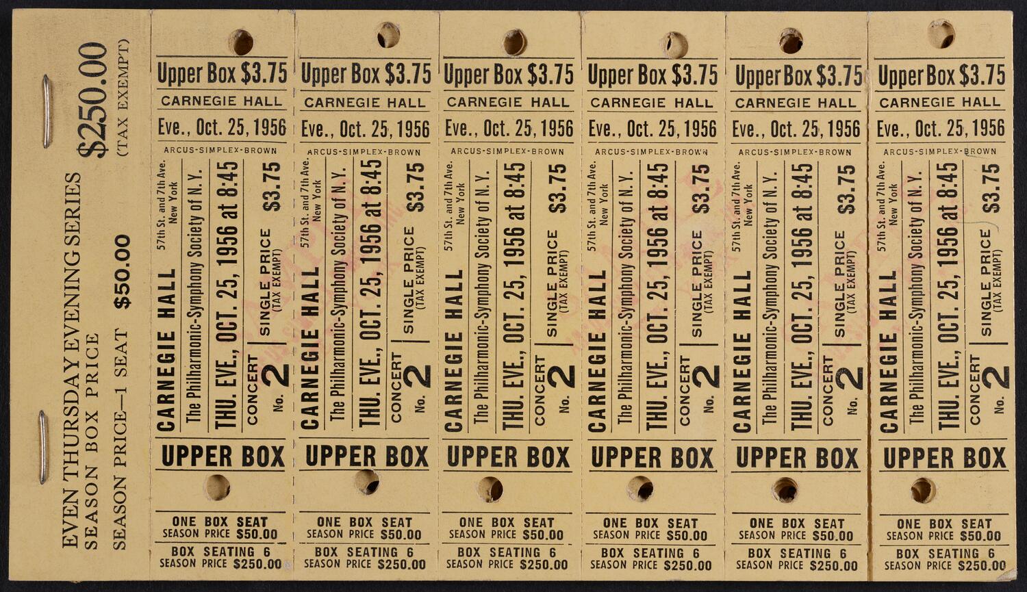 Box Seat tickets for the Philharmonic-Symphony Society of New York, October 25, 1956 (front)