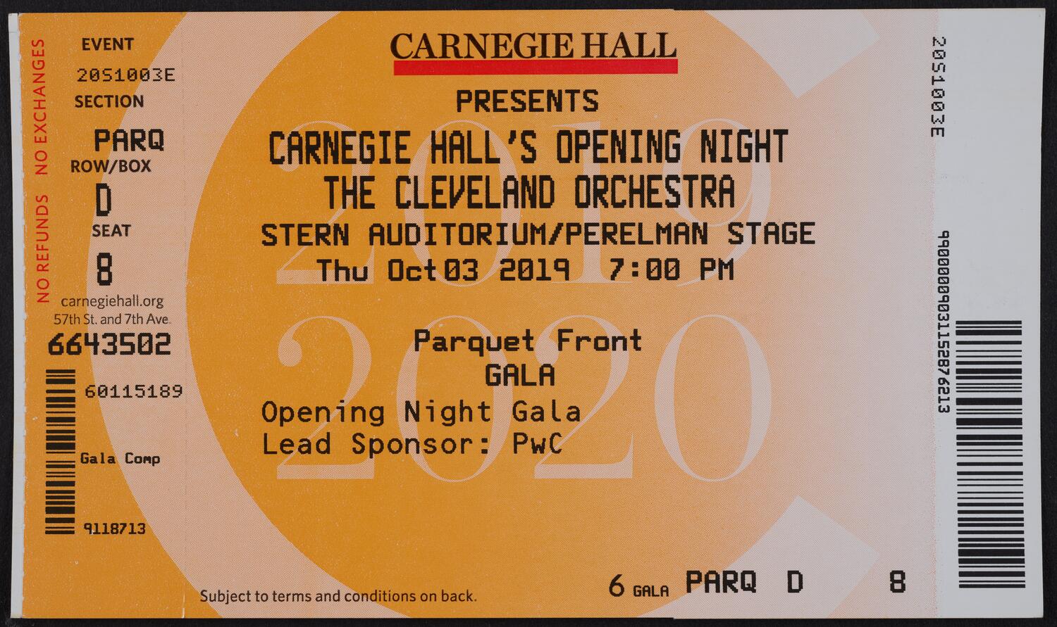 Ticket for Carnegie Hall's Opening Night: The Cleveland Orchestra, October 3, 2019 (front)