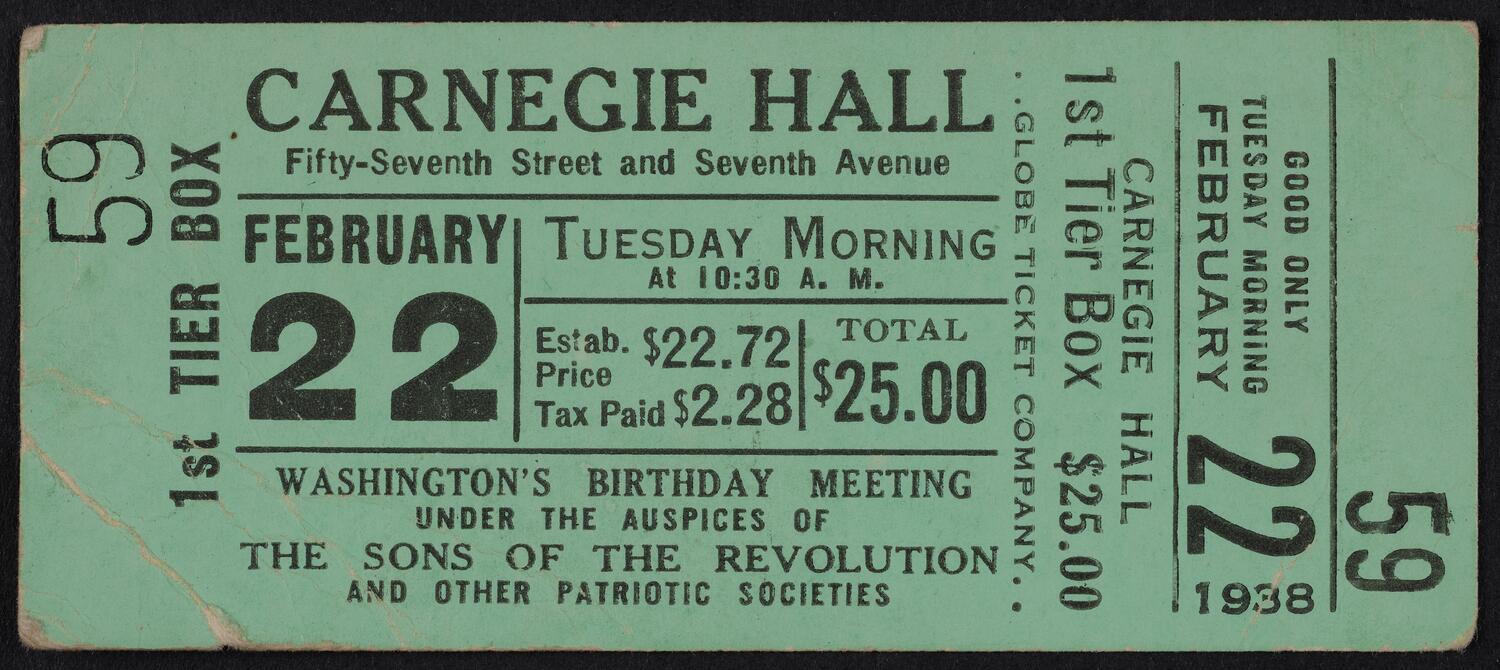Ticket for Washington's Birthday Meeting, February 22, 1938 (front)