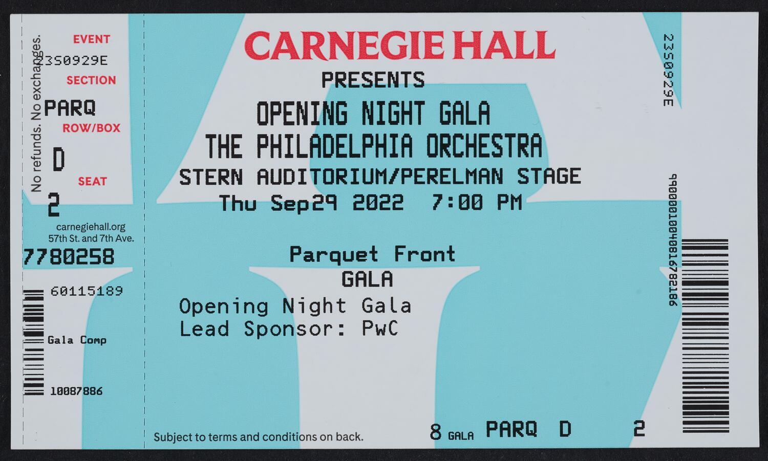 Ticket for Opening Night Gala: The Philadelphia Orchestra, September 29, 2022 (front)