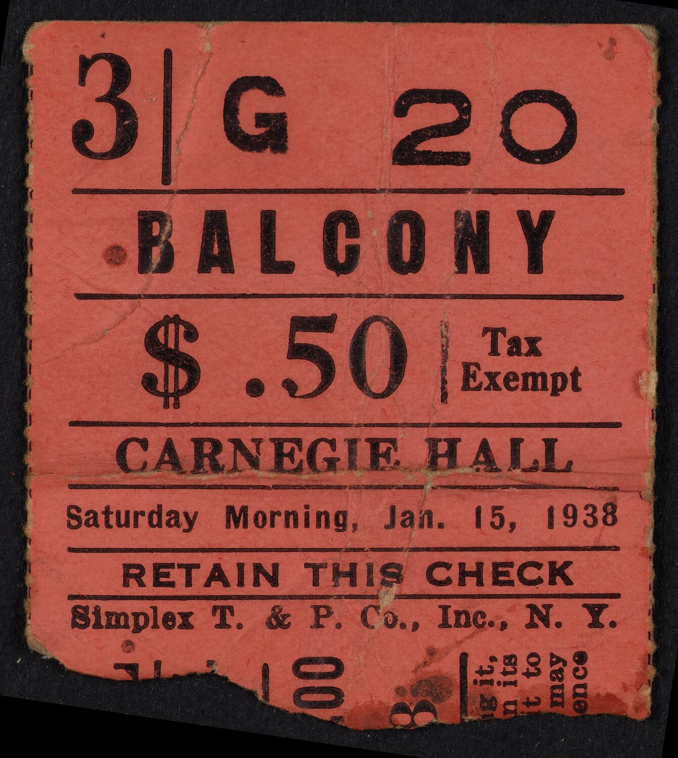 Ticket for Philharmonic Symphony Society of New York: Young People's Concert, January 15, 1938 (front)