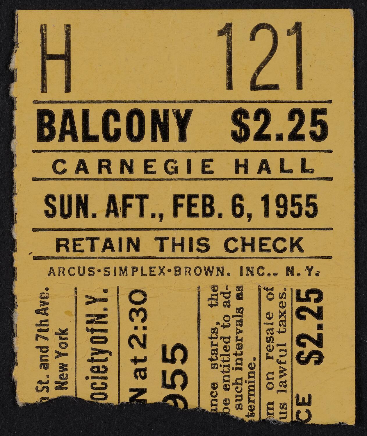 Ticket for New York Philharmonic, February 6, 1955 (front)