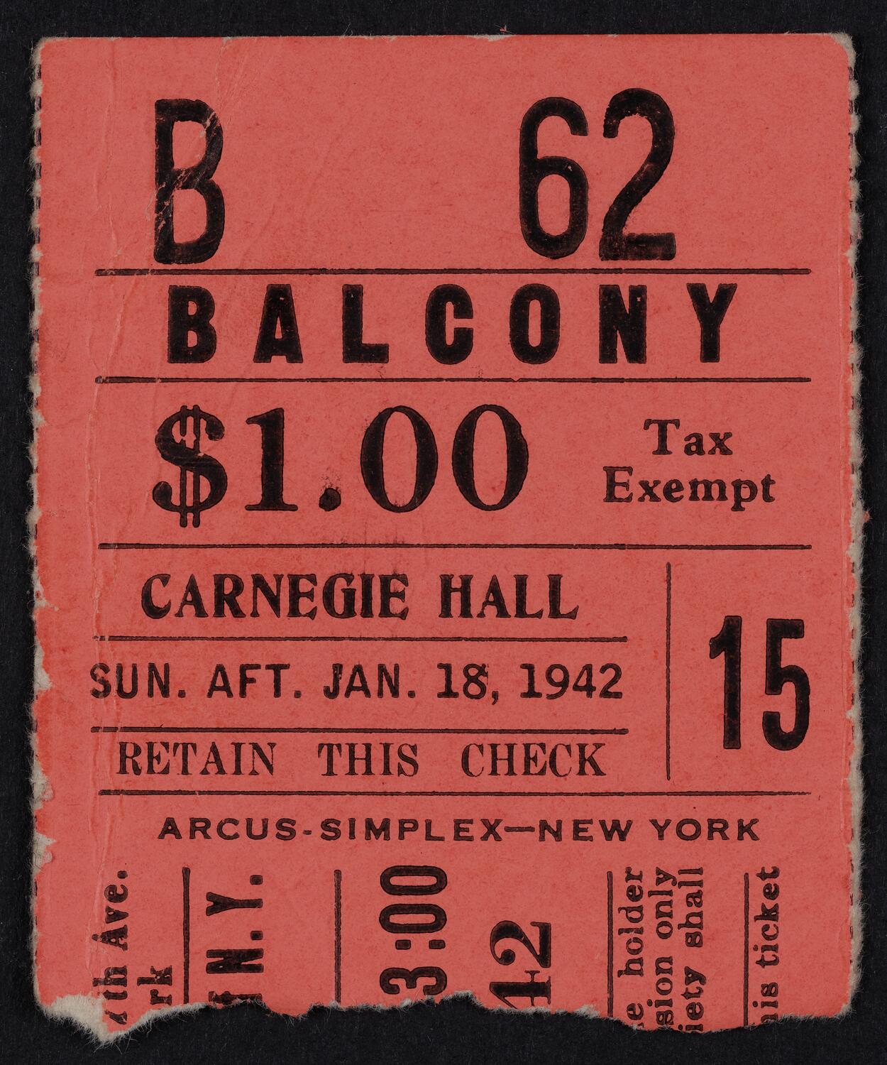 Ticket for Philharmonic-Symphony Society of New York, January 18, 1942 (front)