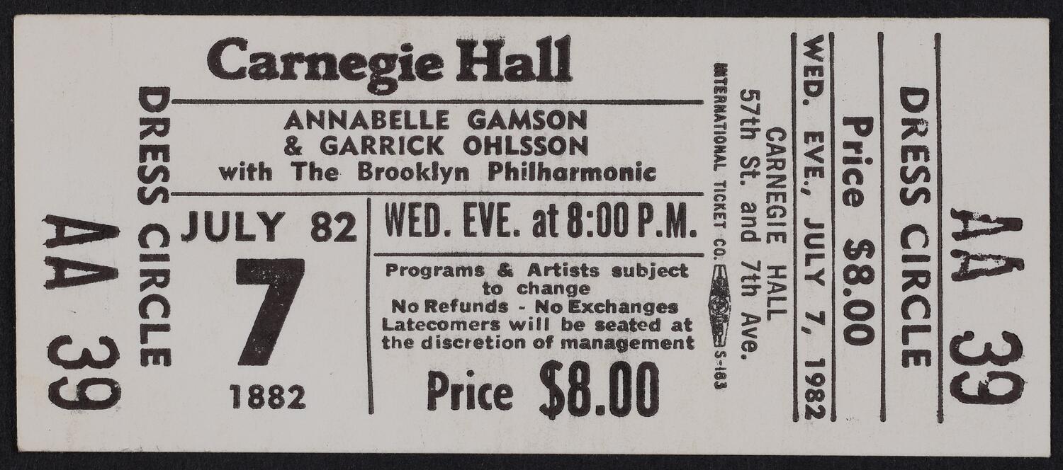 Ticket for Annabelle Gamson & Garrick Ohlsson with the Brooklyn Philharmonic, July 7, 1982 (front)