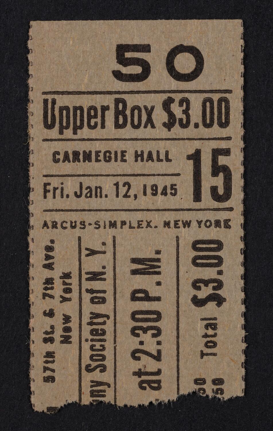 Ticket for Philharmonic Symphony Society of New York, January 12, 1945 (front)