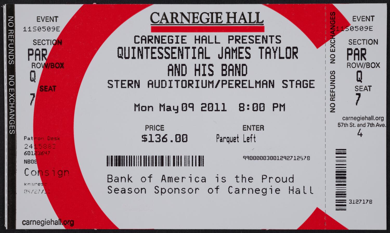 Ticket for Quintessential James Taylor and his Band, May 9, 2011 (front)