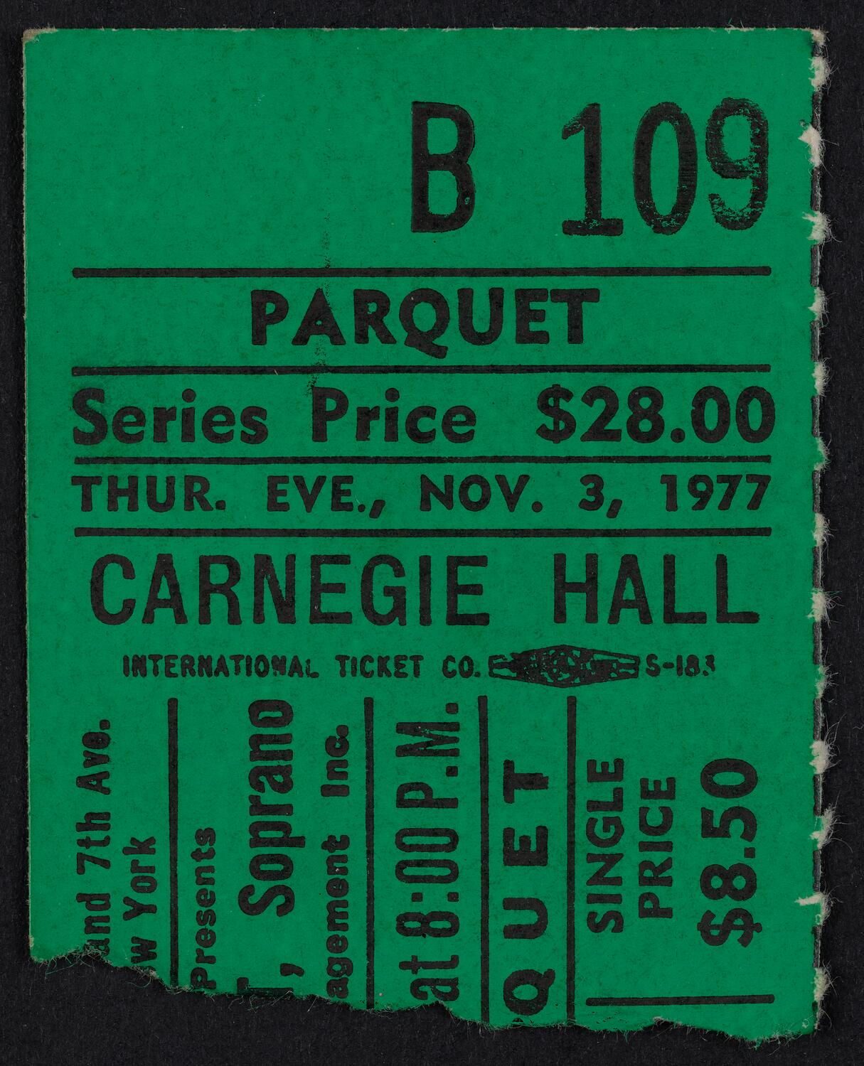 Ticket for Shirley Verrett, November 3, 1977 (front)