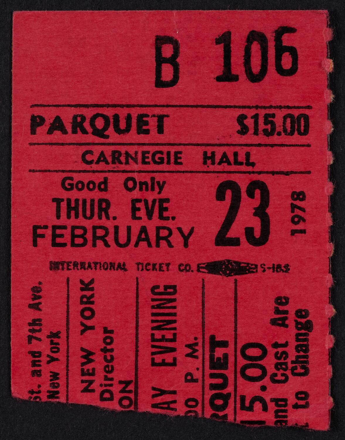 Ticket for Opera Orchestra of New York, February 23, 1978 (front)
