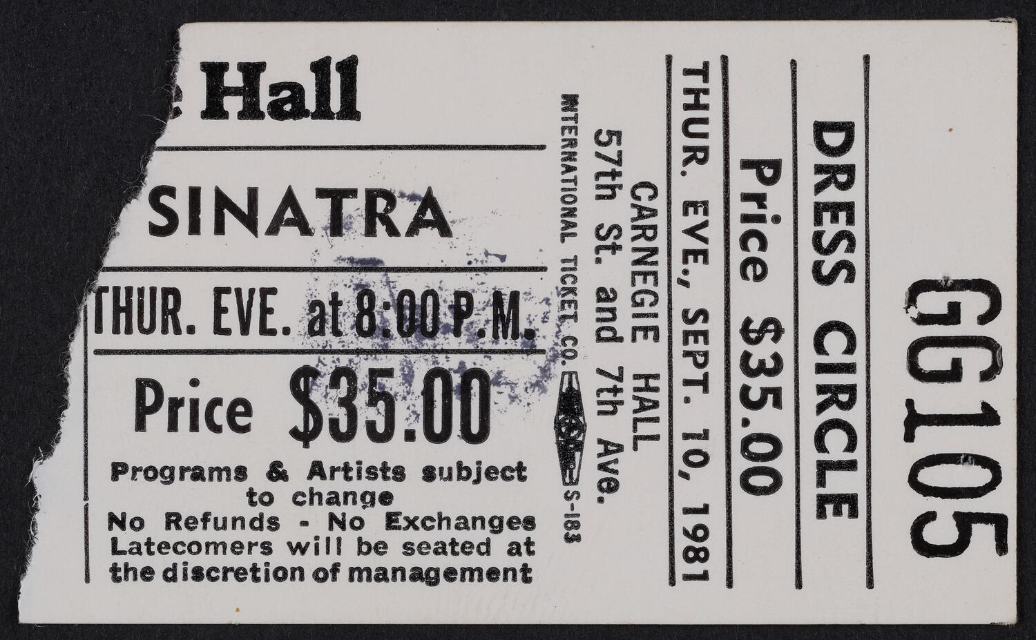 Ticket for Frank Sinatra, September 10, 1981 (front)