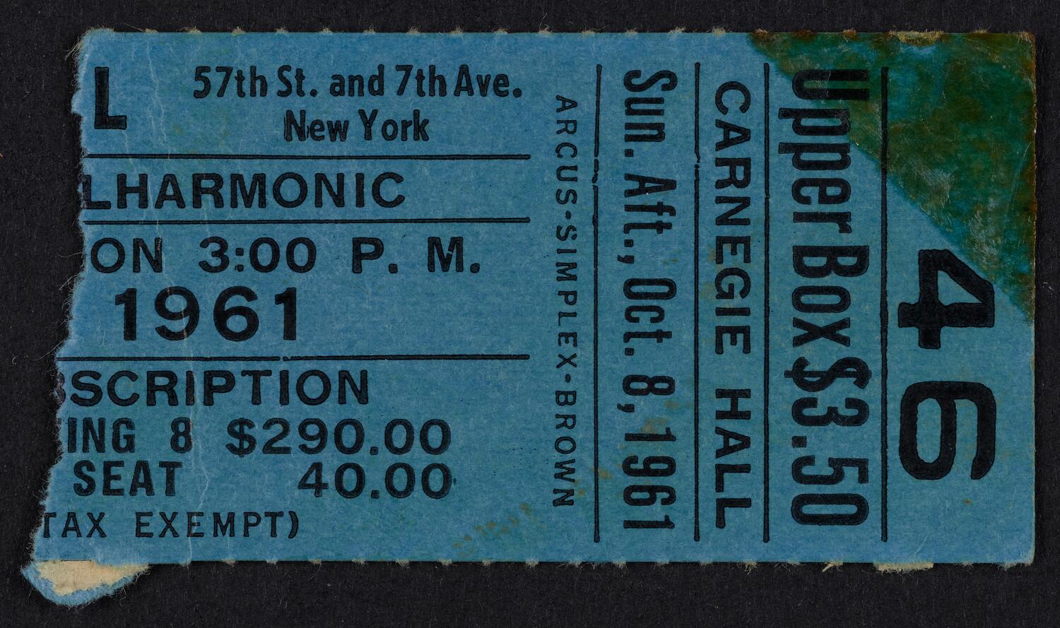 Ticket for New York Philharmonic, October 8, 1961 (front)