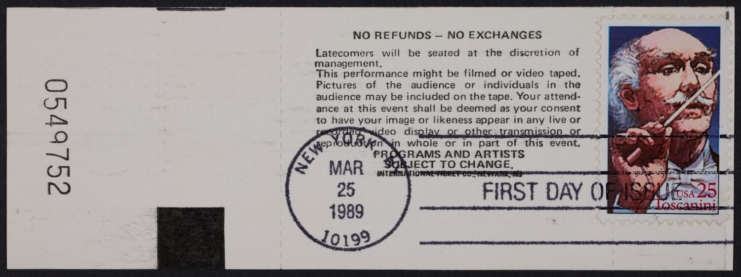 Ticket for Toscanini Stamp Ceremony, March 25, 1989 (back)