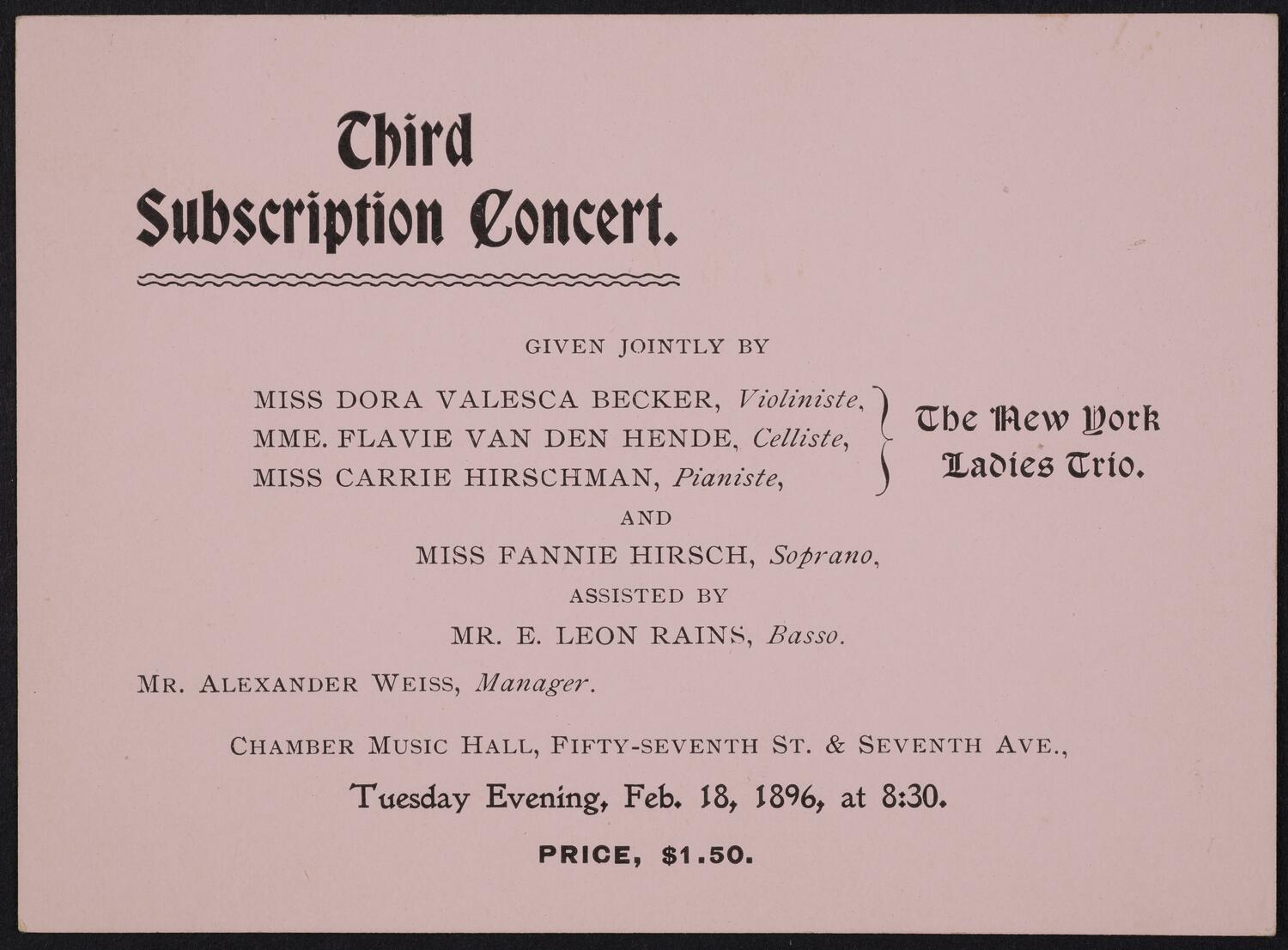Ticket for the New York Ladies Trio, February 18, 1896 (front)