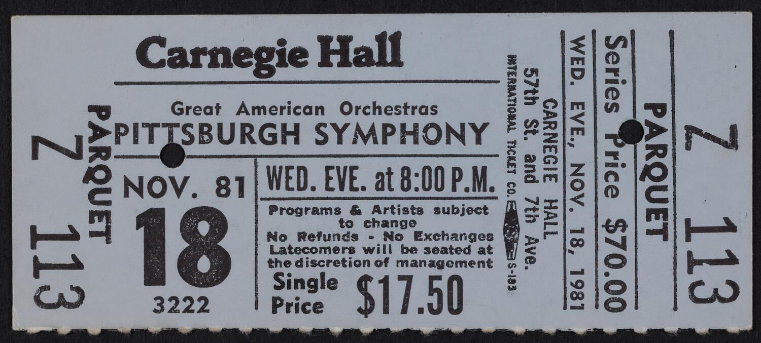 Ticket for Pittsburgh Symphony Orchestra, November 18, 1981 (front)