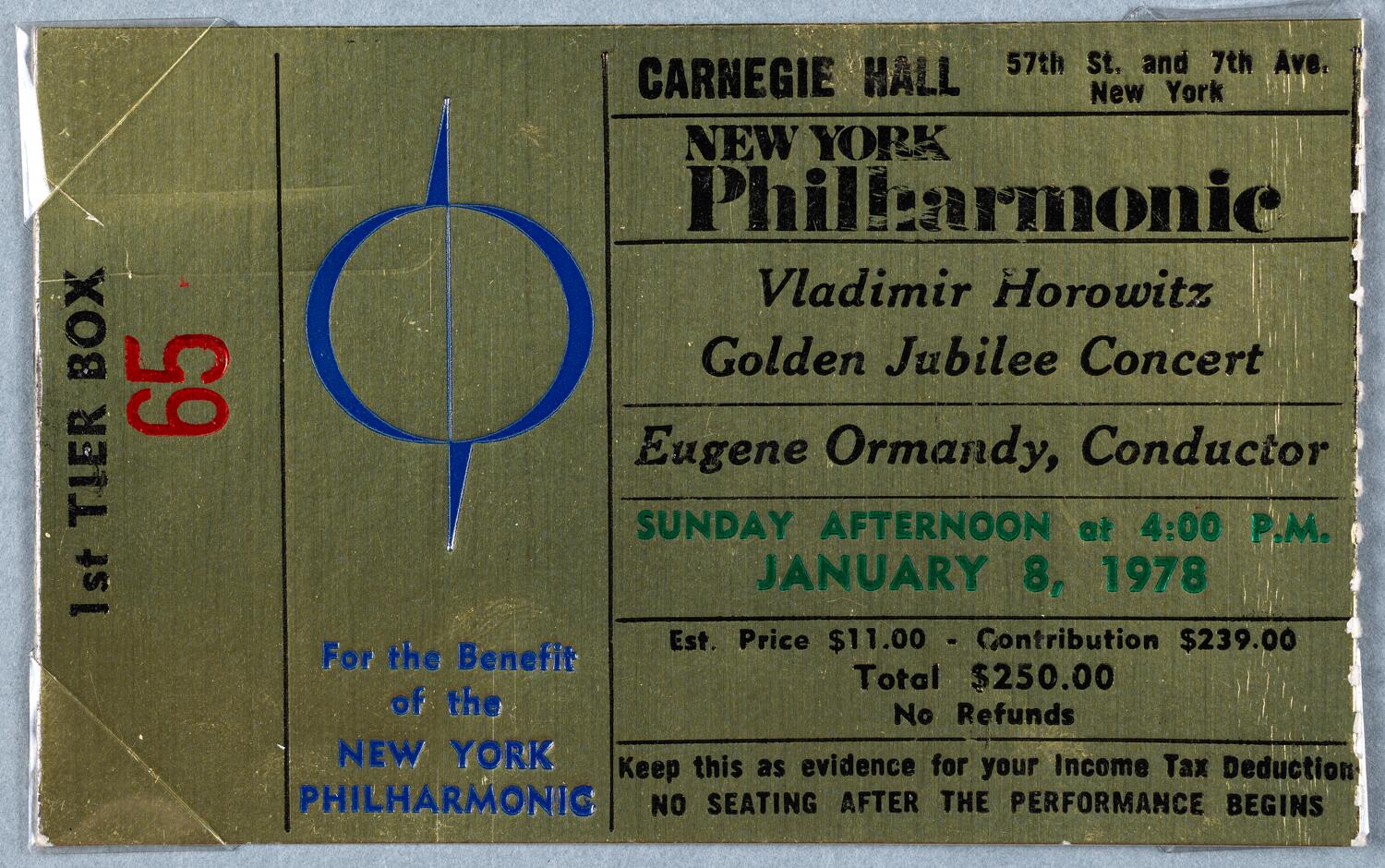 Ticket for New York Philharmonic: Vladimir Horowitz Golden Jubilee Concert, January 8, 1978 (front)