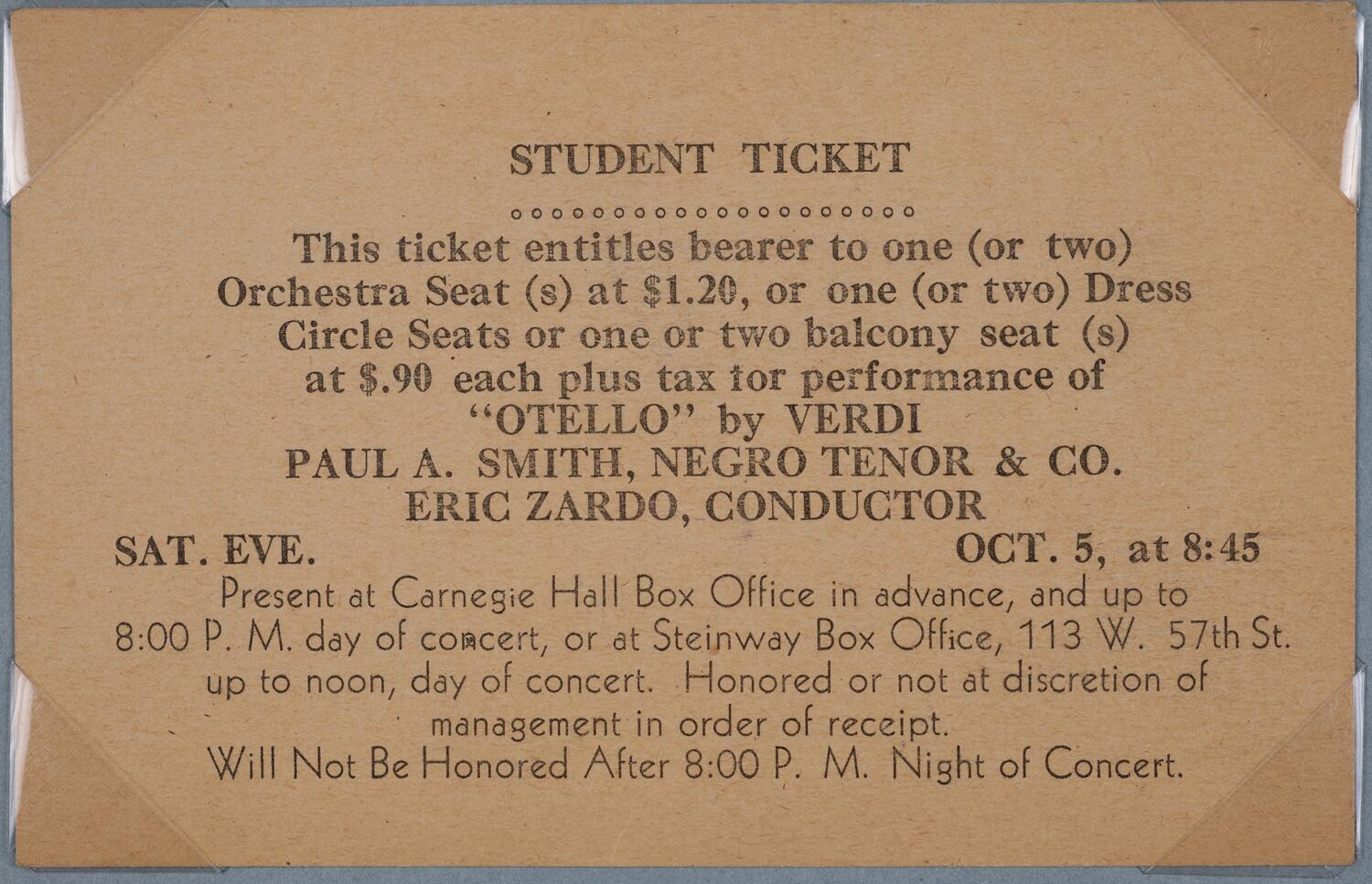 Ticket for "Otello" by Verdi, October 5, 1946 (front)