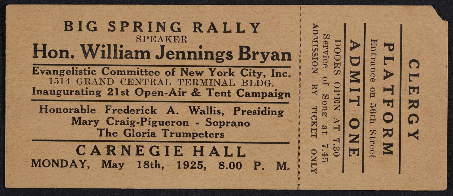 Ticket for Evangelistic Committee of New York Spring Rally, May 18, 1925 (front)
