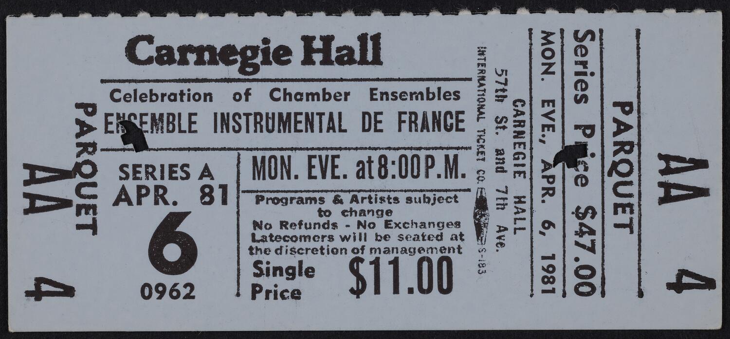 Ticket for Ensemble Instrumental de France, April 6, 1981 (front)