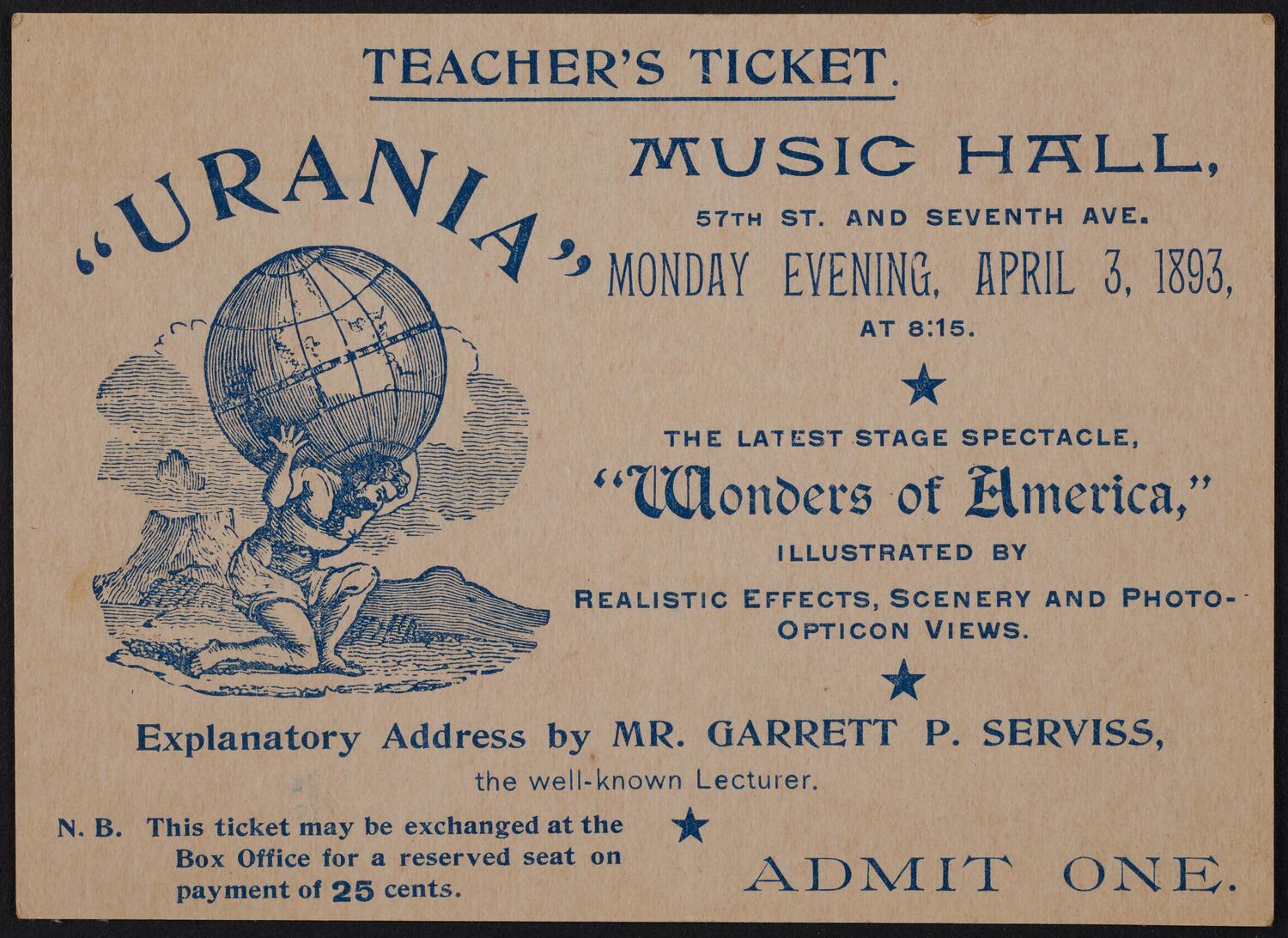 Ticket for Urania: Wonders of America, April 3, 1893 (front)