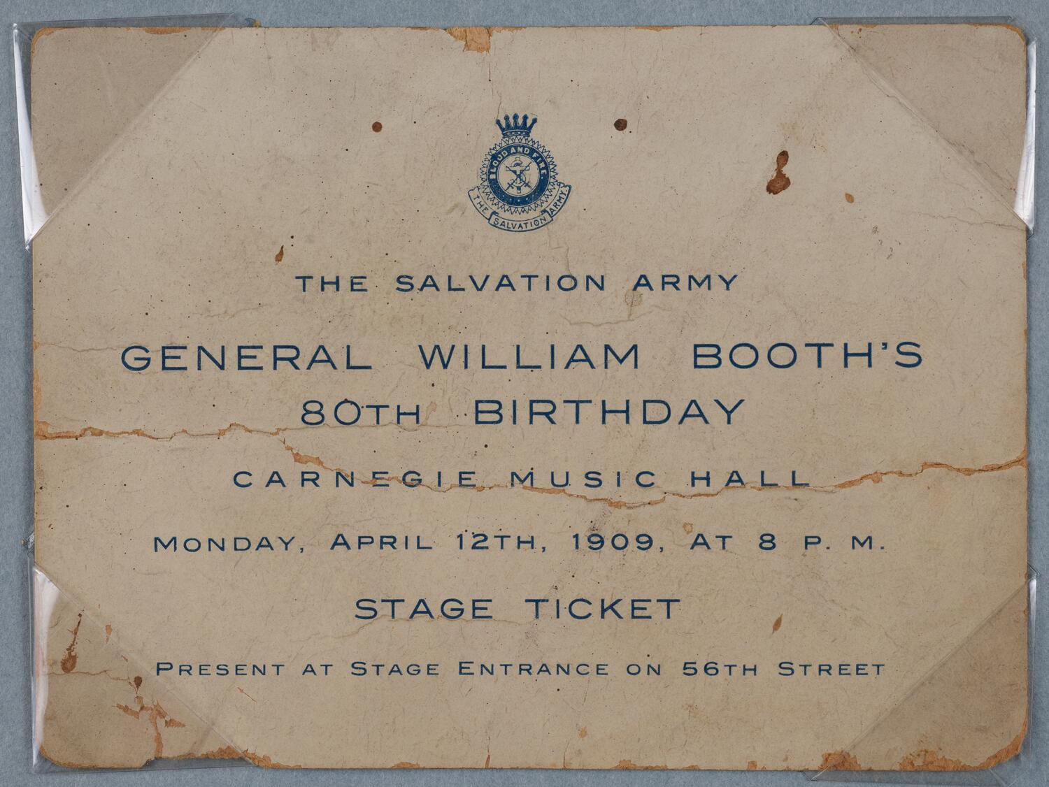 Ticket for General William Booth's 80th Birthday, April 12, 1909 (front)