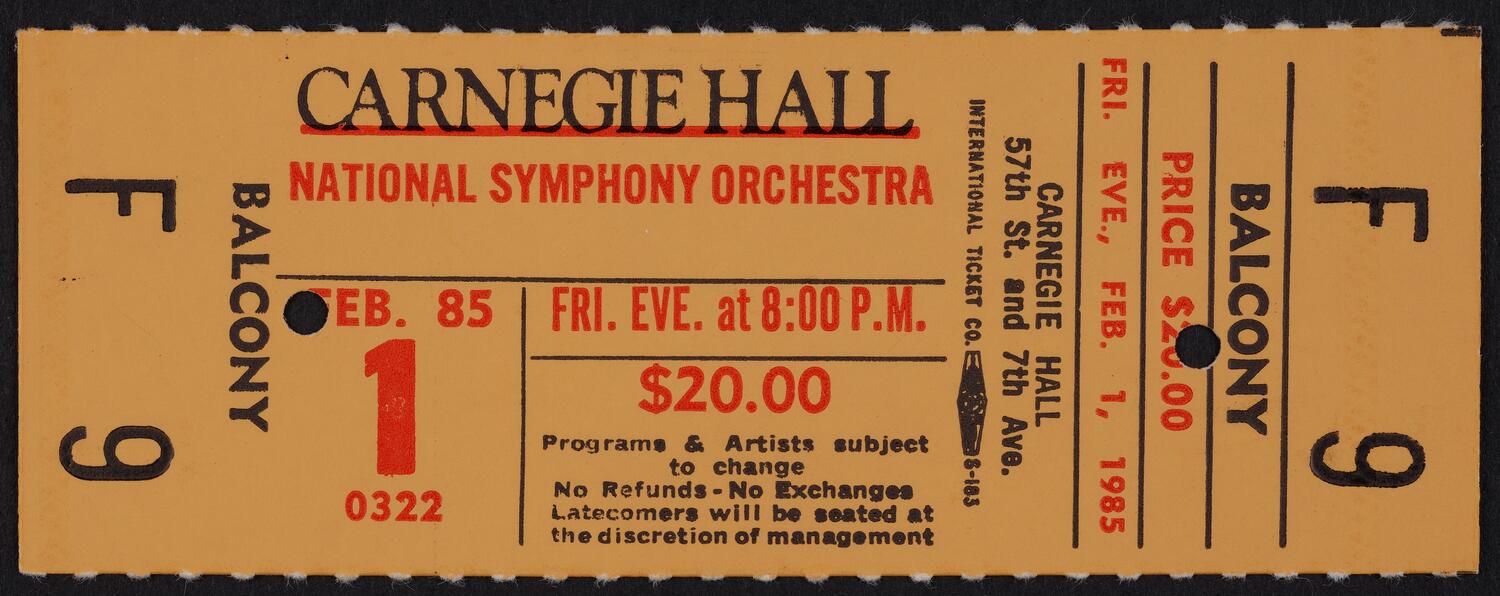 Ticket for National Symphony Orchestra, February 1, 1985 (front)