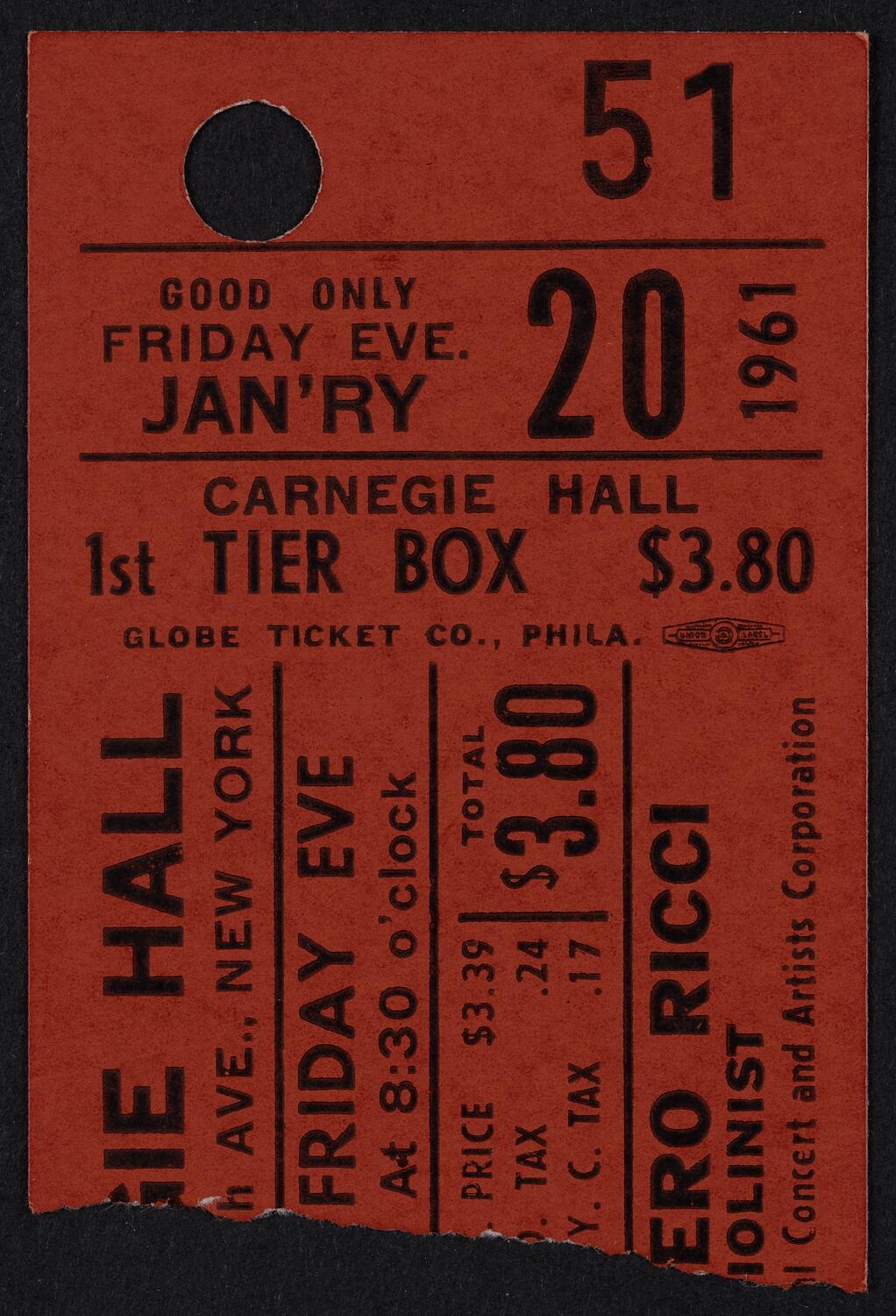 Ticket for Ruggiero Ricci, January 20, 1961 (front)