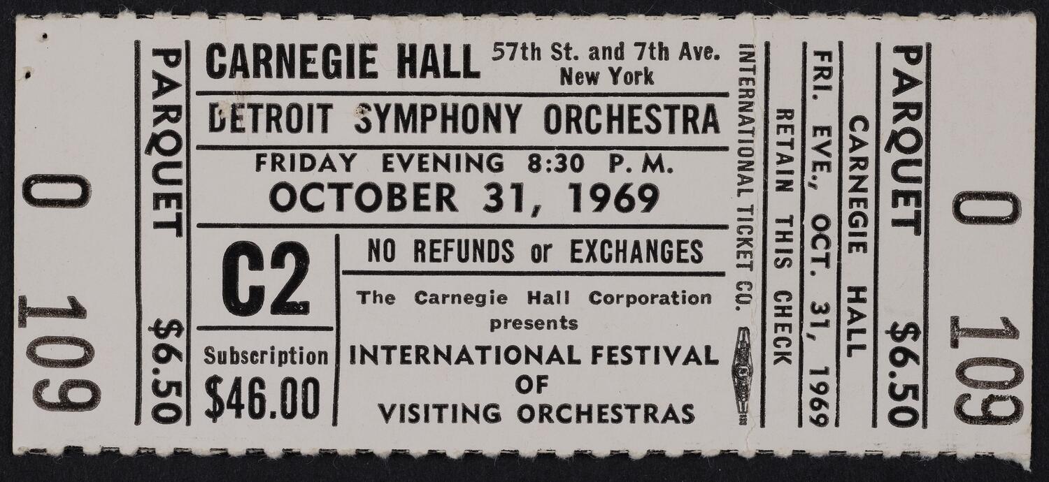 Ticket for Detroit Symphony Orchestra, October 31, 1969 (front)