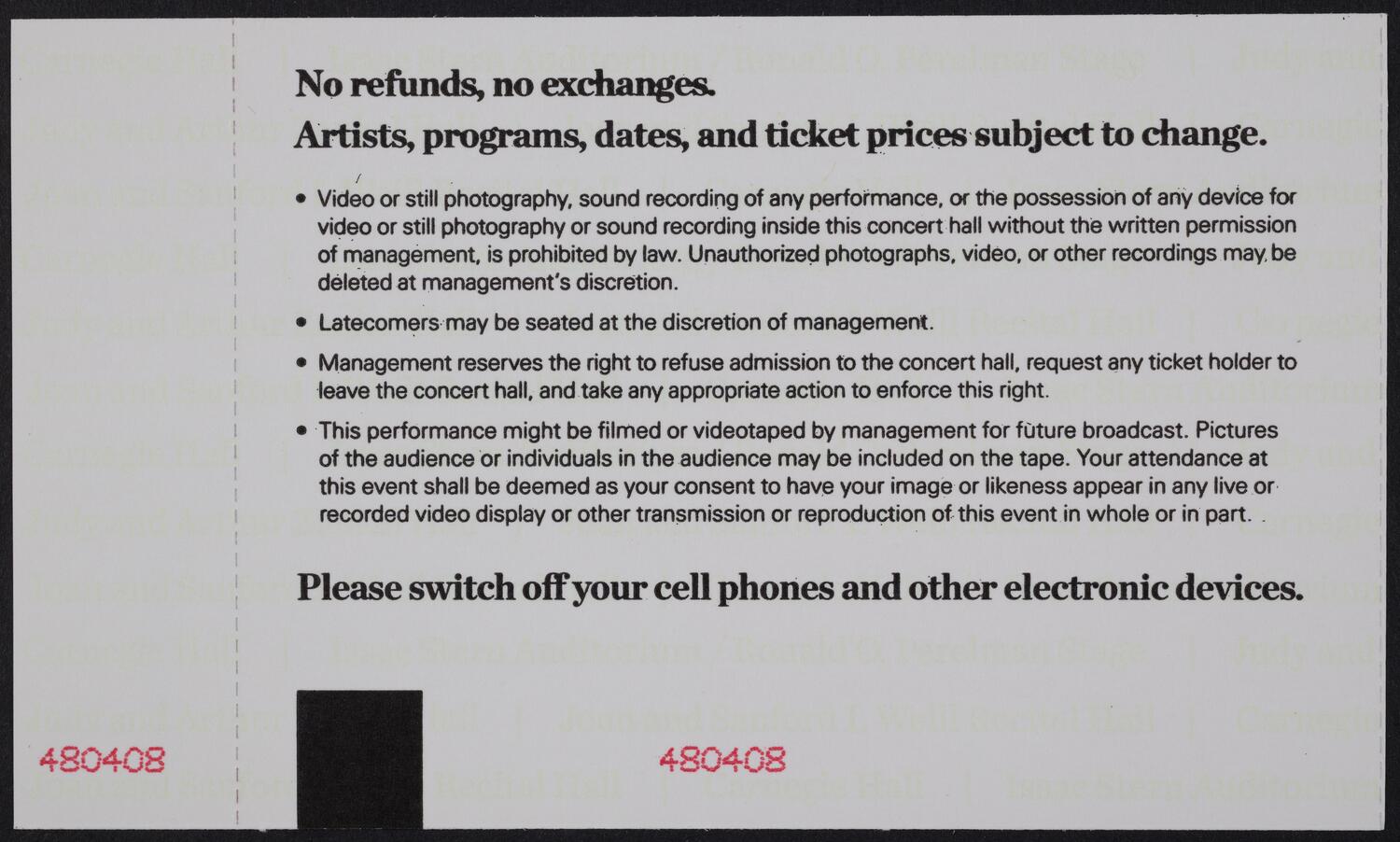 Ticket for Carnegie Hall's Opening Night Gala: The Philadelphia Orchestra, October 2, 2013 (back)