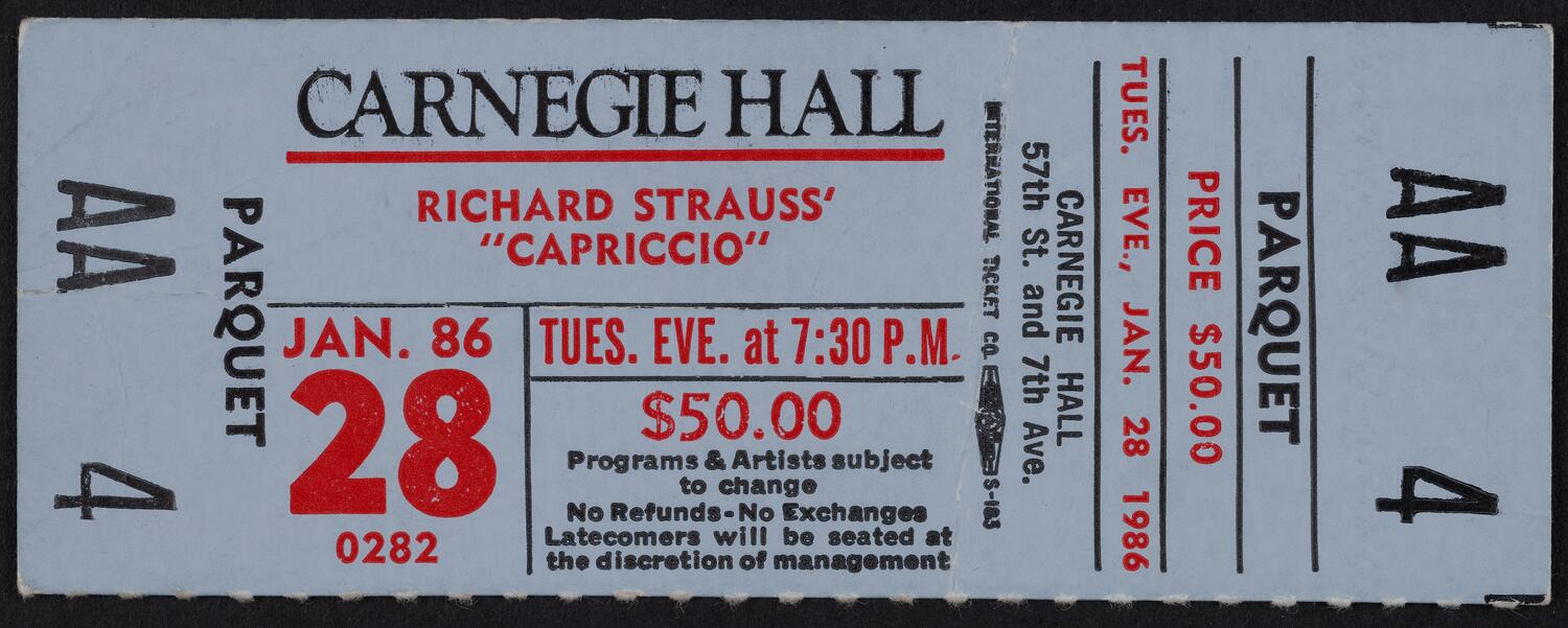 Ticket for Richard Strauss' "Capriccio," January 28, 1986 (front)
