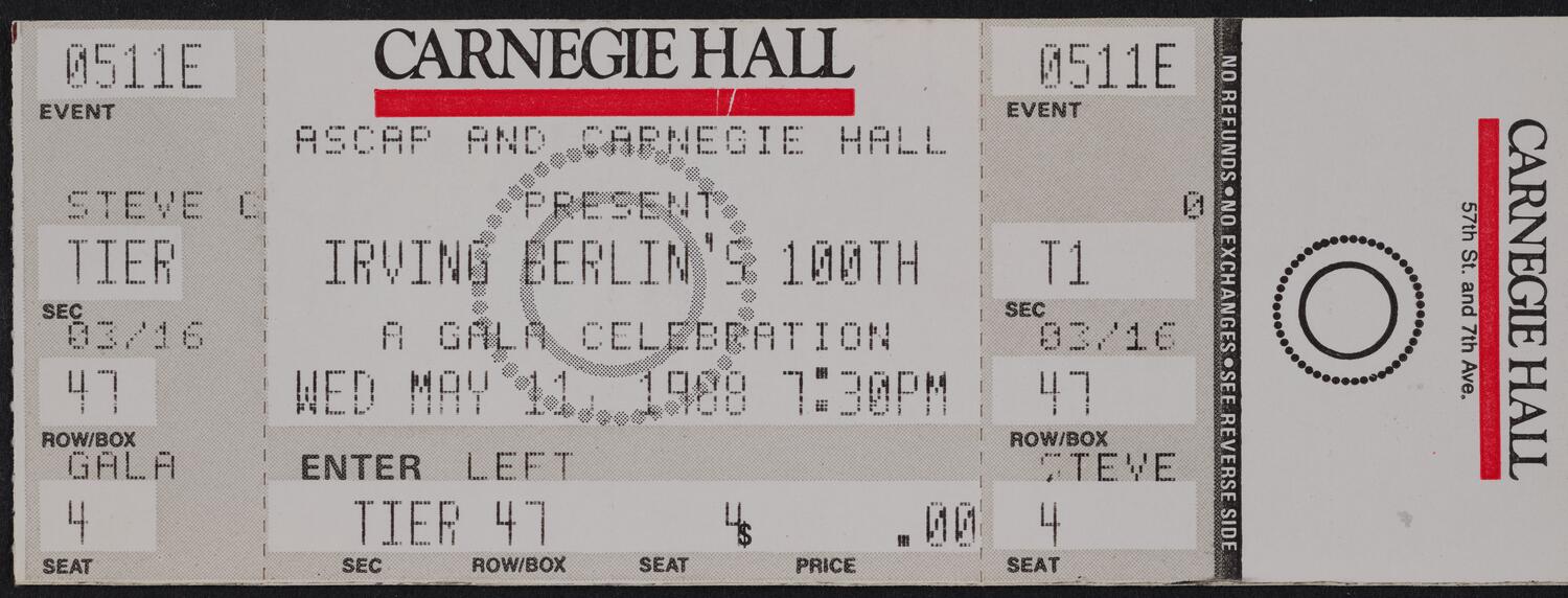 Ticket for Irving Berlin's 100th: A Gala Celebration, May 11, 1988 (front)
