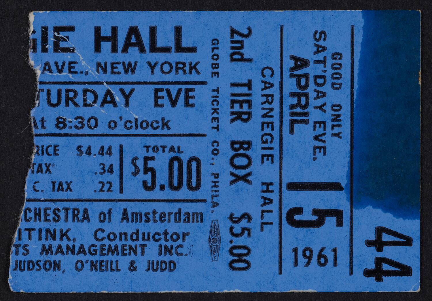 Ticket for Concertgebouw Orchestra of Amsterdam, April 15, 1961 (front)