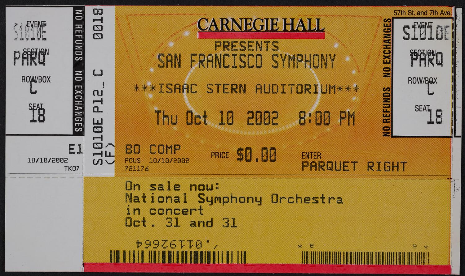 Ticket for San Francisco Symphony, October 10, 2002 (front)